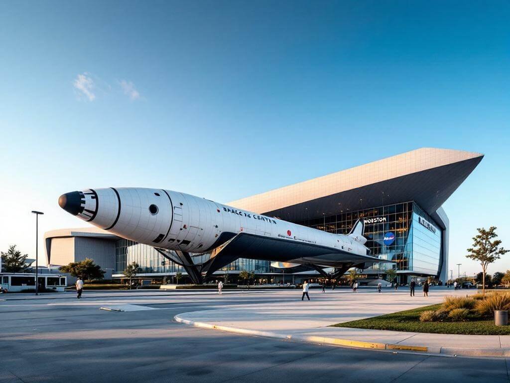 "Saturn V rocket displayed at Rocket Park, with Space Center Houston's modern architecture, NASA signage, human-sized elements emphasizing the rocket's massive scale, under clear blue Texas sky during the golden hour"