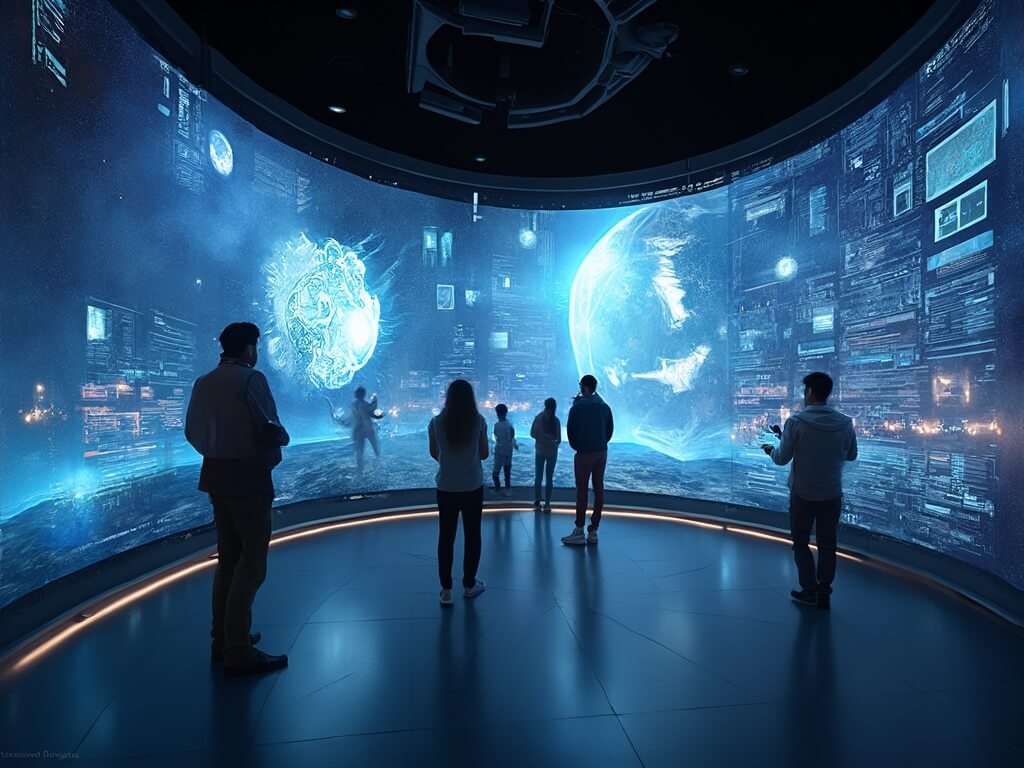 Visitors exploring interactive digital exhibit at Space Center Houston with holographic displays and touch-screen interfaces under soft museum lighting
