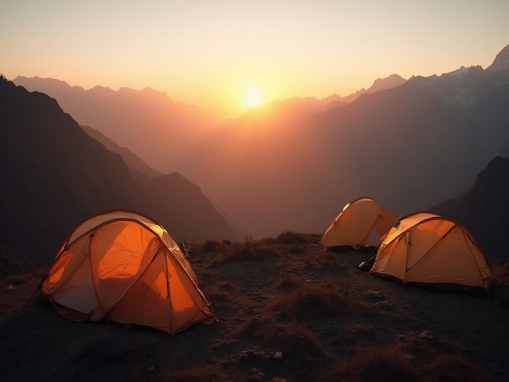Sustainable trekking camp at sunset in Andean mountains, highlighting minimal environmental impact with lightweight tents and reusable gear