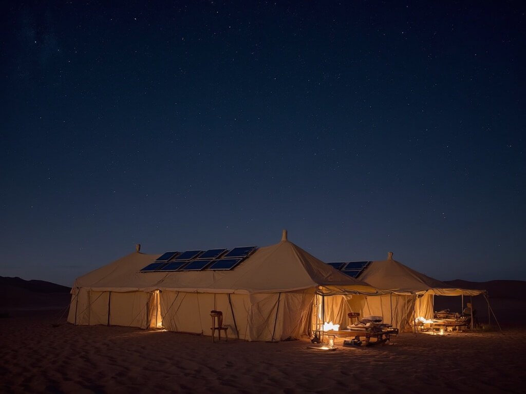 Solar-powered luxury desert camp with traditional Berber-style tents and integrated solar panels under a star-filled night sky