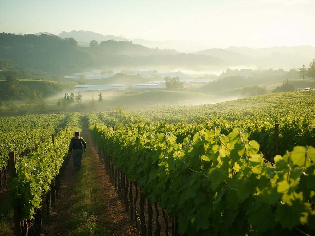 Sustainable vineyard with workers tending to grapevines organically, solar panels in the backdrop, and morning mist over the agricultural landscape
