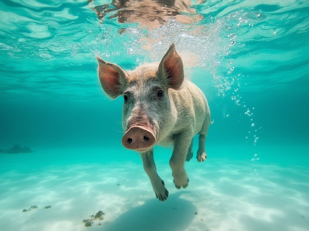 Underwater close-up of a wild pig swimming in clear turquoise Bahamian waters, sunlight illuminates its paddling and the soft sandy marine environment below.