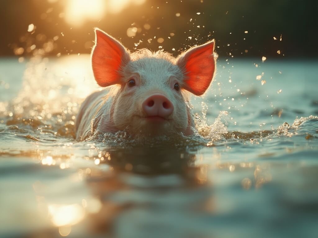 Swimming pig in golden hour lighting with water droplets around its body against a blurred tropical island landscape