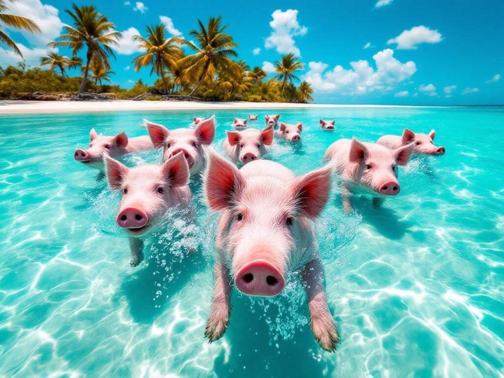 "Wild pink pigs swimming in clear turquoise waters near white sand beach and palm trees on Big Major Cay, Bahamas, with baby piglet swimming in the foreground, taken from boat-level perspective"