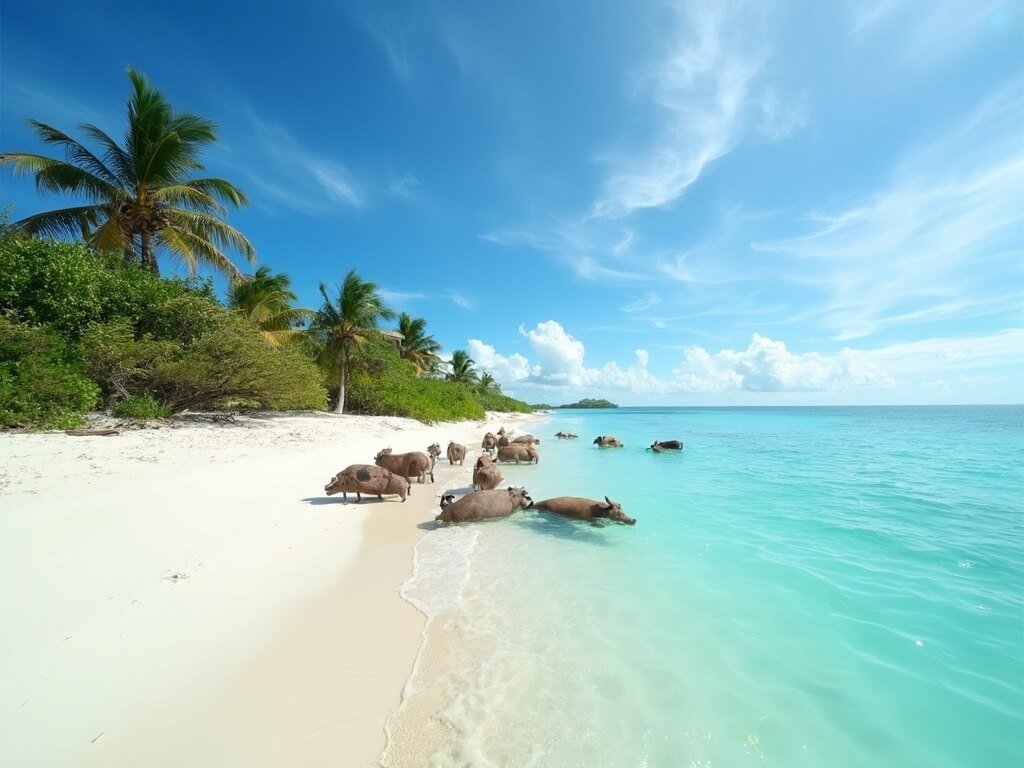 Swimming pigs on the white sandy beach of Big Major Cay with scattered palm trees under a bright blue Caribbean sky