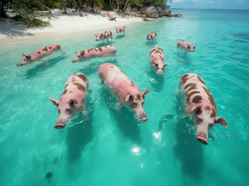 Spotted pigs swimming in clear turquoise Caribbean waters with sunlight reflection, small white sand beach and green vegetation in the background