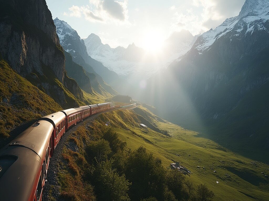 Glacier Express train journeying through a Swiss Alpine valley, bathed in golden morning light with snow-capped mountains in the background
