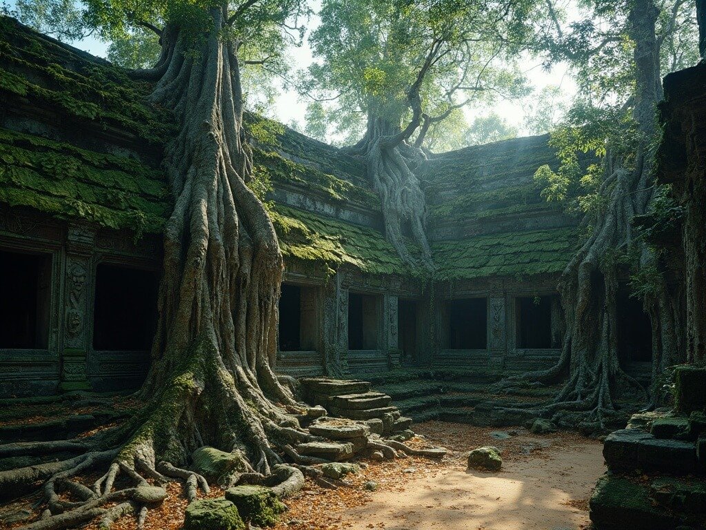 Majestic Ta Prohm temple overtaken by massive intertwining tree roots, displaying a beautiful fusion of ancient architecture and lush jungle vegetation in soft lighting