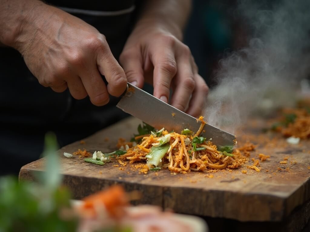 Thai street food vendor skillfully preparing traditional dish on a worn wooden cutting board with a sharp knife, under soft natural lighting