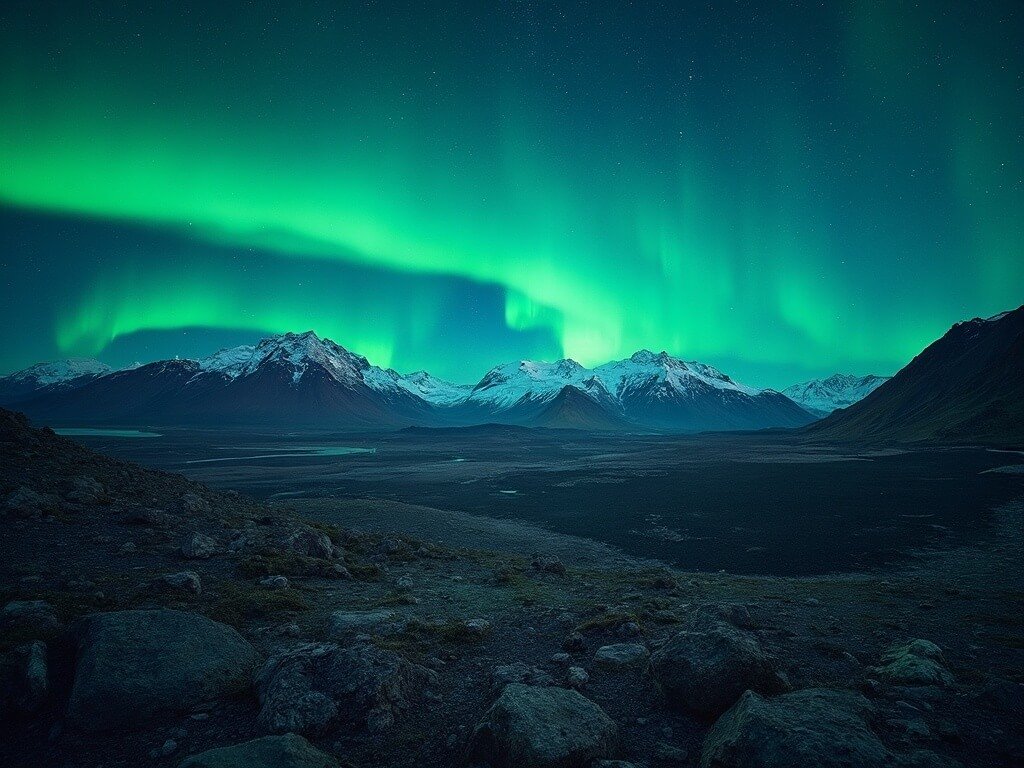 Panoramic view of Þórsmörk highland wilderness at night with vivid aurora lights, star-lit sky and glacial mountains in Iceland