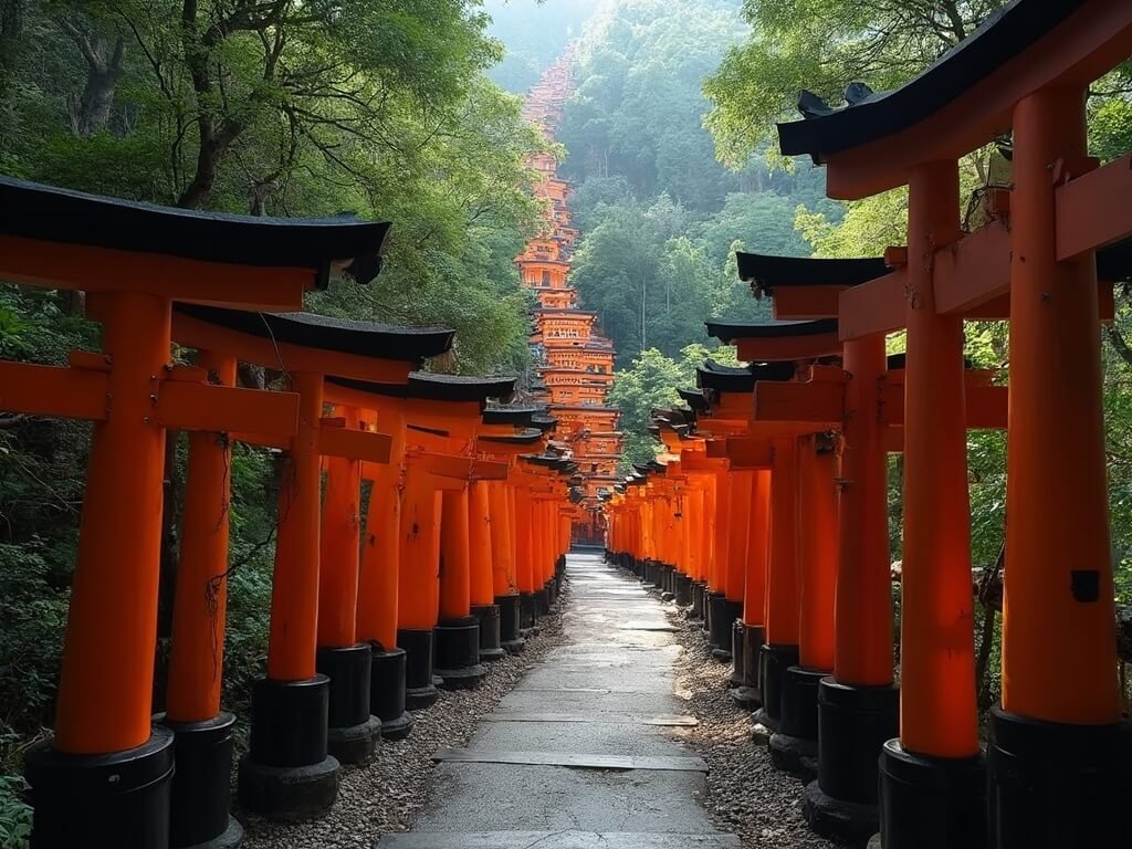 Mystical corridor of vermilion torii gates ascending a forested mountain slope with soft atmospheric lighting