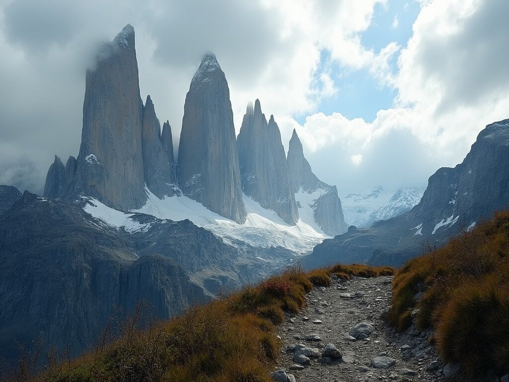 Dramatic photograph of granite mountain peaks in Torres del Paine with a rugged hiking trail and low-hanging clouds in Patagonia