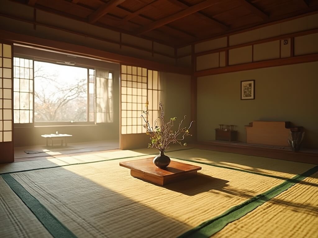 Interior of traditional Japanese ryokan with tatami mat flooring, sliding shoji screens, an ikebana flower arrangement, and soft dawn light casting gentle shadows