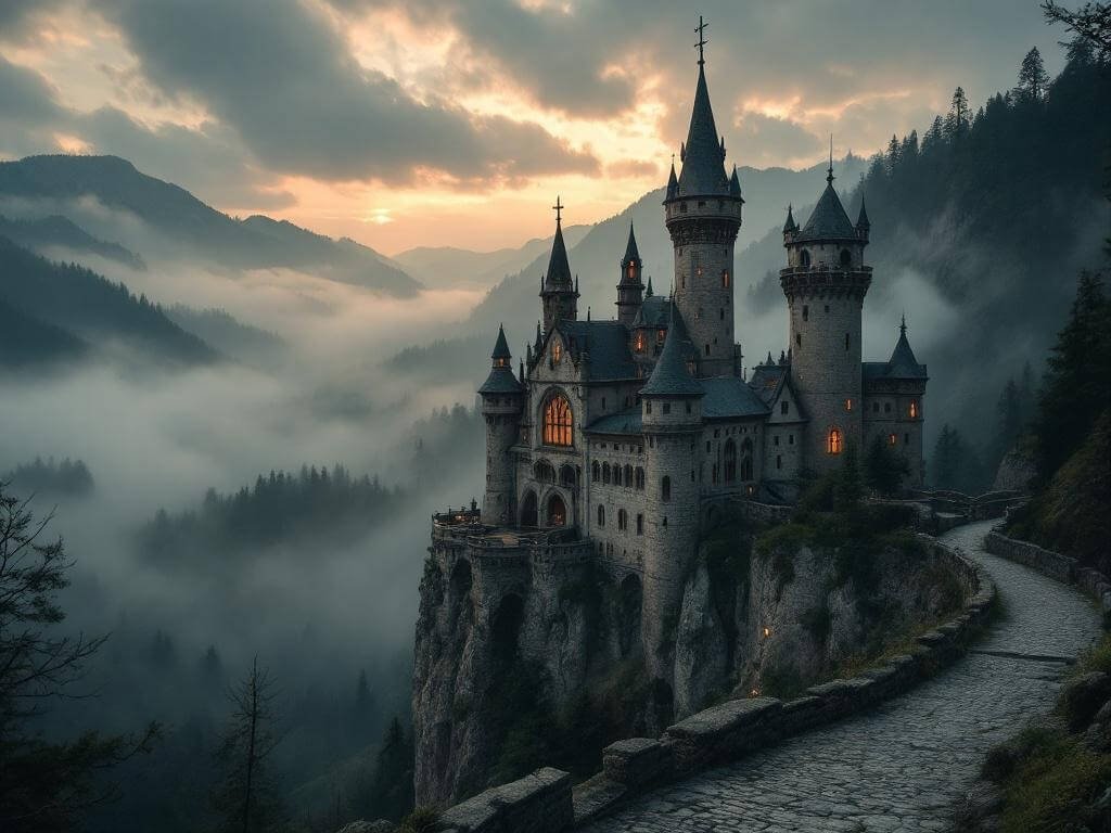 "Gothic medieval castle atop misty cliff in Transylvania at dawn, surrounded by Carpathian forest with a cobblestone path leading to the castle entrance, under grey clouds with hints of orange sunrise."