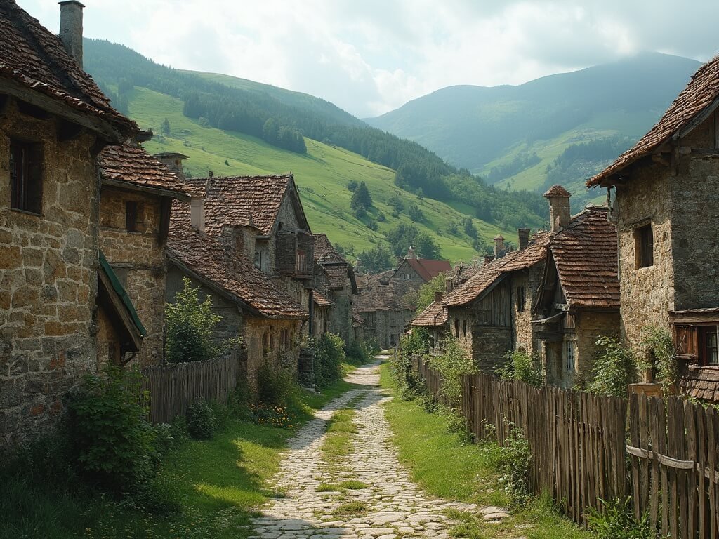 Traditional Saxon village in Transylvania with stone houses, wooden fences, and green hills under soft natural lighting