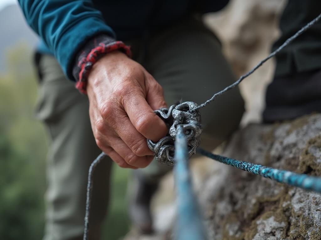 Hiker's hands tightly gripping a safety chain on a cliff, showcasing strain, determination and precision needed for navigating dangerous terrain