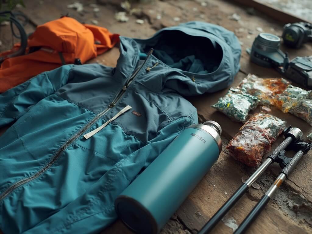 Close-up of professional trekking equipment including moisture-wicking clothing, windproof shell, insulated water bottle, trekking poles and compact food on a wooden surface, highlighted by ambient lighting.