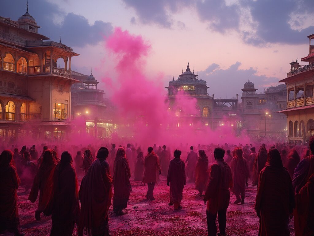 Panoramic twilight view of Udaipur's royal palace during Holi celebration with people dancing and colors in the air