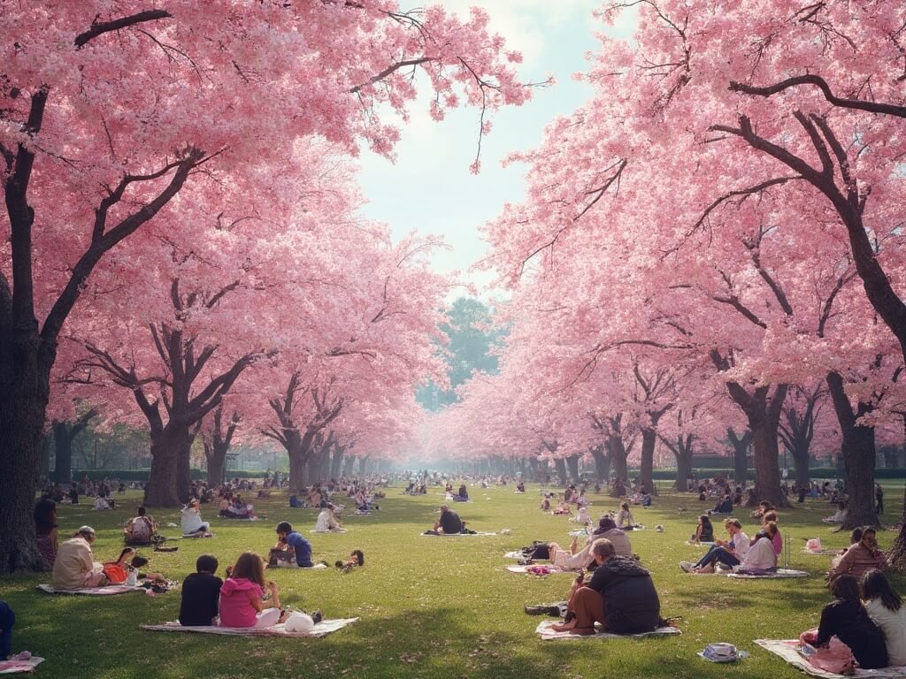 Panoramic view of Ueno Park filled with blooming pink cherry blossom trees, people picnicking, and soft sunlight filtering through petals