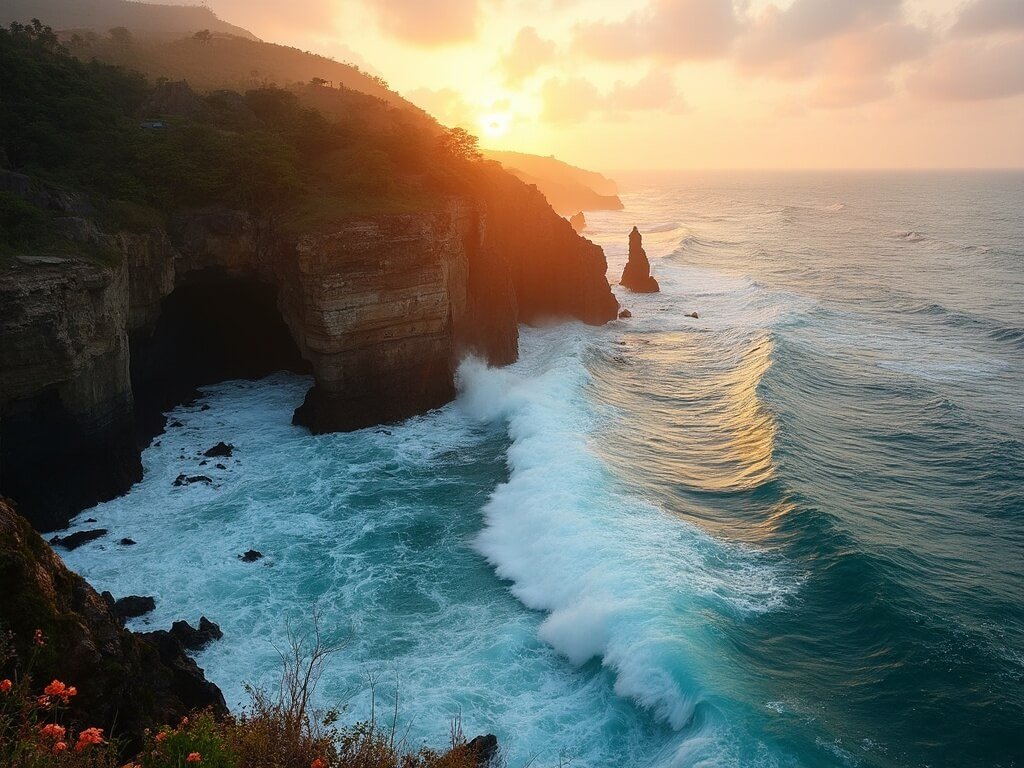 Dramatic sunrise over Uluwatu's rocky cliffs with perfect tubular waves breaking below, lit by golden morning light over the clear, deep-blue and turquoise ocean