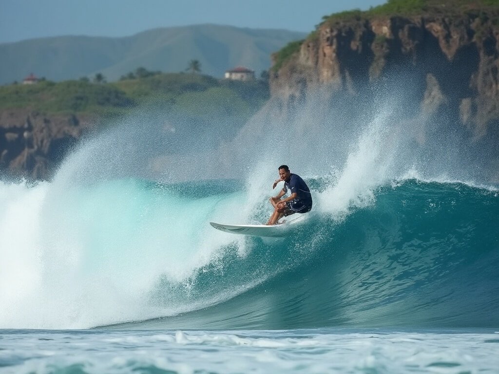 Professional surfer executing an advanced maneuver on a wave at Uluwatu, with Bali's limestone cliffs in the background