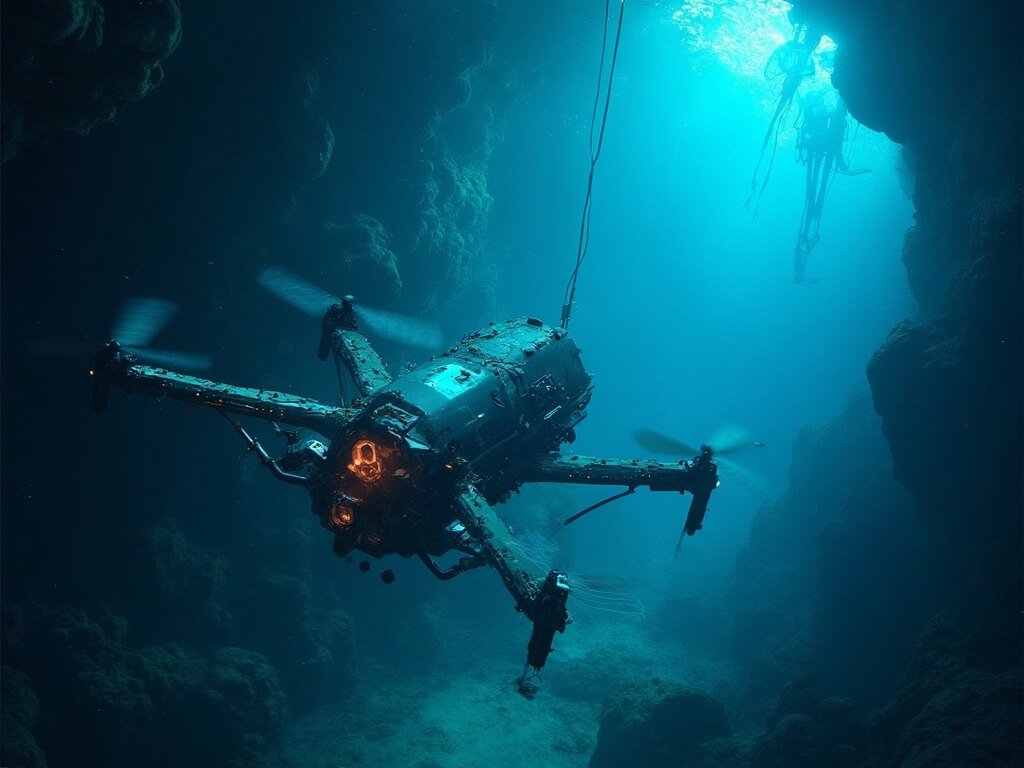 Underwater drone with advanced mapping tech exploring Blue Hole's dark depths amidst bioluminescent marine landscape