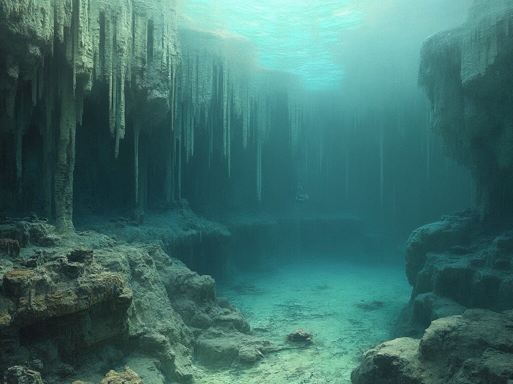 Underwater geological cross-section illustrating intricate stalactite formations and rock layers in soft hues depicting clear visibility for scientific research
