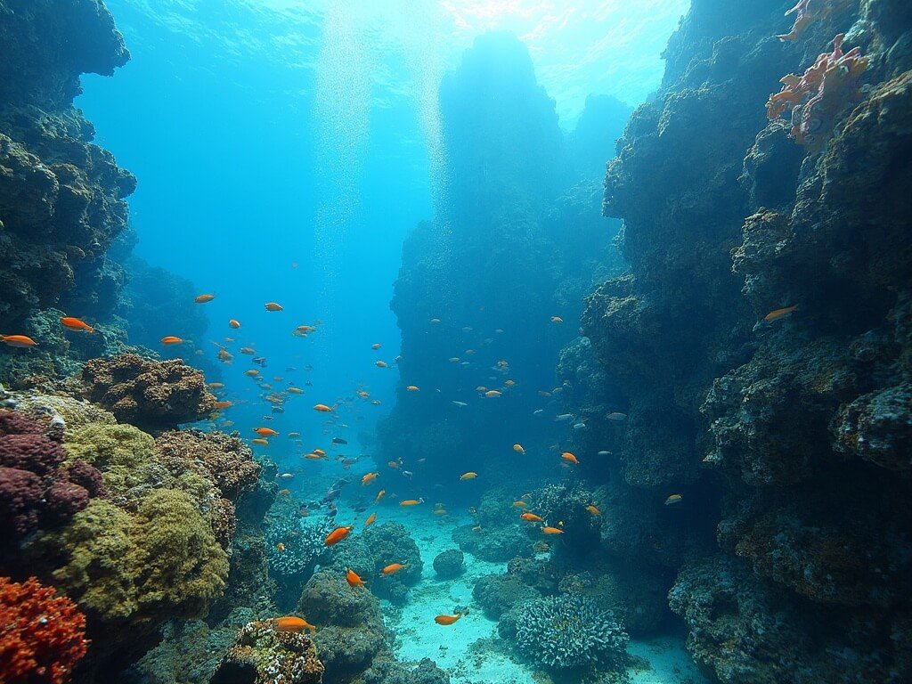 Snorkeler's view of vibrant reef ecosystem with assorted coral, colorfully patterned fish, and soft underwater lighting for depth