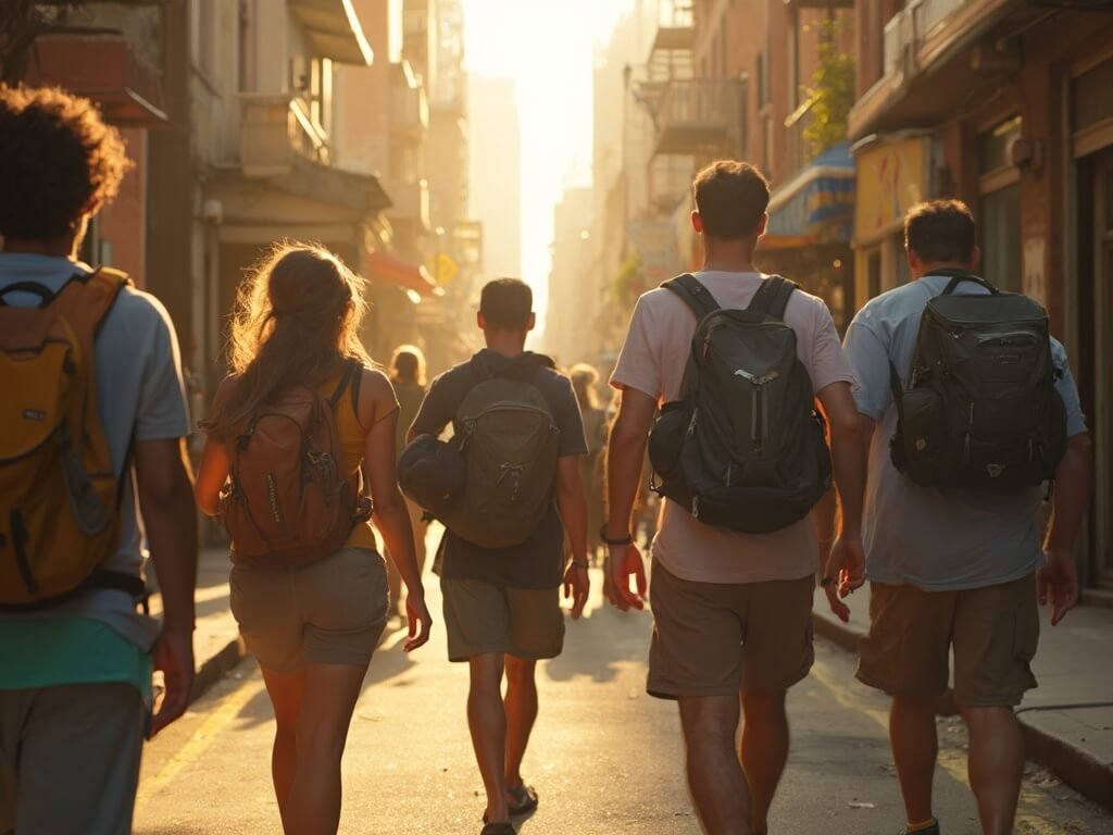 Diverse group of urban explorers strolling through a colorful NYC neighborhood in summer morning's golden sunlight, wearing breathable clothing and carrying water backpacks, authentic architecture in background