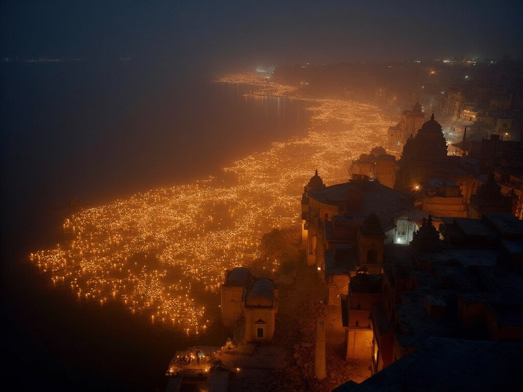 Aerial view of Varanasi at Diwali night with thousands of lit oil lamps on the ghats by Ganges River and silhouetted temples in the background