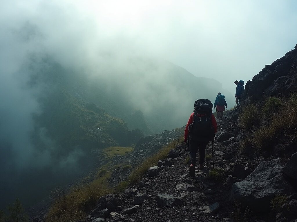 Hikers ascending a rugged trail through misty volcanic terrain in early morning light, with distant Guatemalan landscape visible