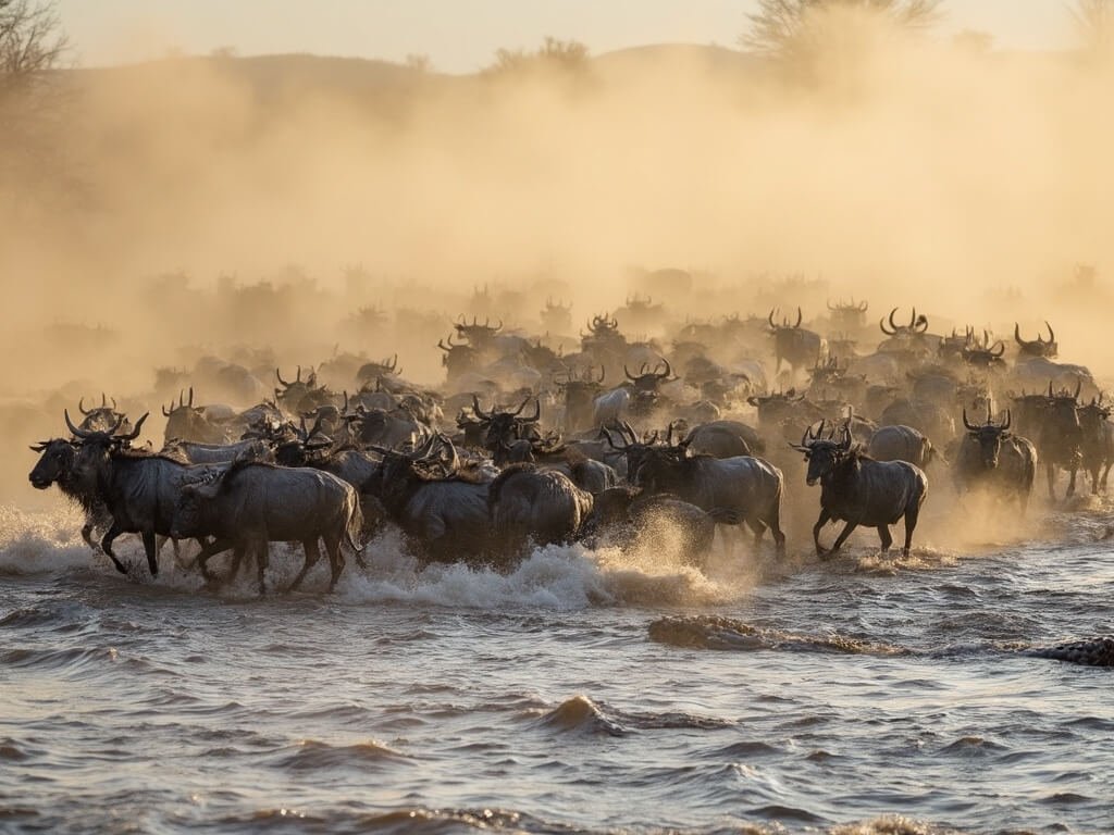 Wildebeest migration across river with lurking crocodiles, causing dust clouds and water splashes