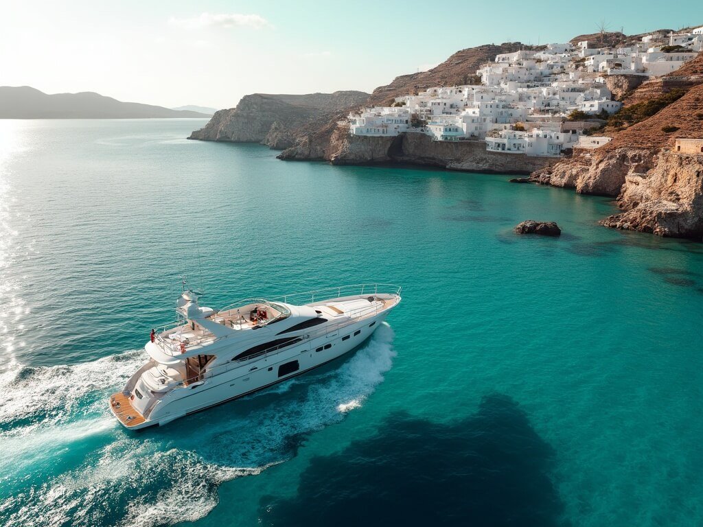 White yacht sailing on turquoise Aegean waters towards a Cycladic island with white houses and windmills, under golden afternoon sunlight