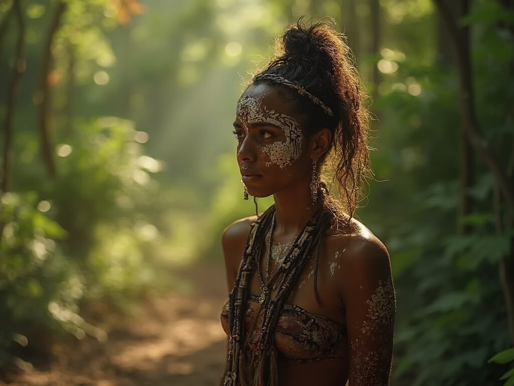 Indigenous Yagua tribe member in traditional attire and body paint, standing in a sunlit forest clearing in the Amazon