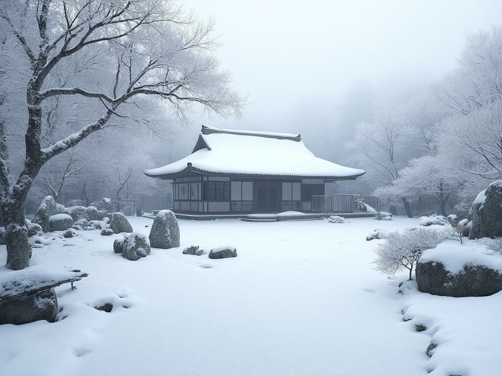 Snow-covered Zen temple garden with raked white gravel, snow-dusted stone formations, bare minimalistic trees, and soft light creating a pristine, monochromatic winter landscape.