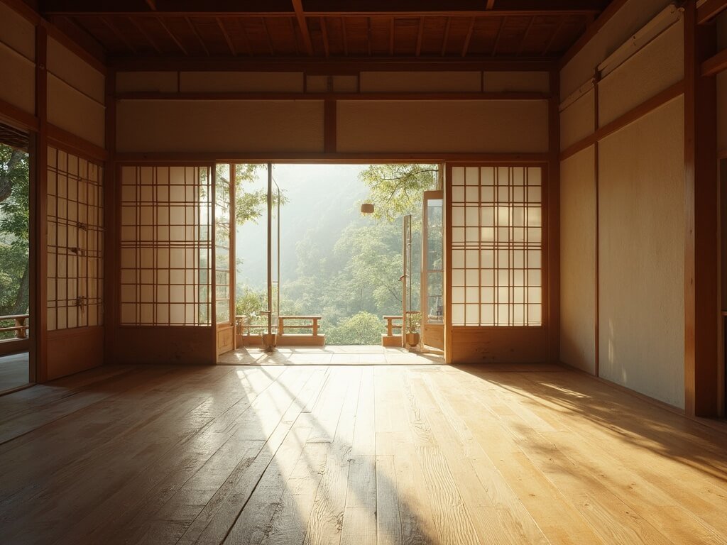 Japanese temple interior featuring wooden floors, natural light filtering through shoji screens, and minimalist architectural design showcasing geometric precision