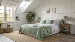 white and sage green bedroom